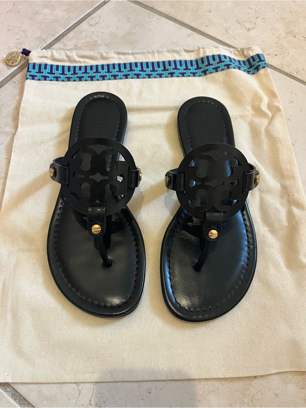 Tory Burch Black Miller Sandals with Gold Accents